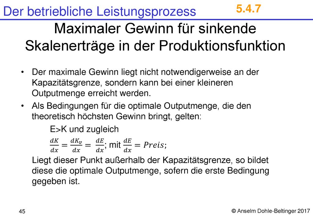 Maximaler Gewinn für sinkende Skalenerträge in der Produktionsfunktion
