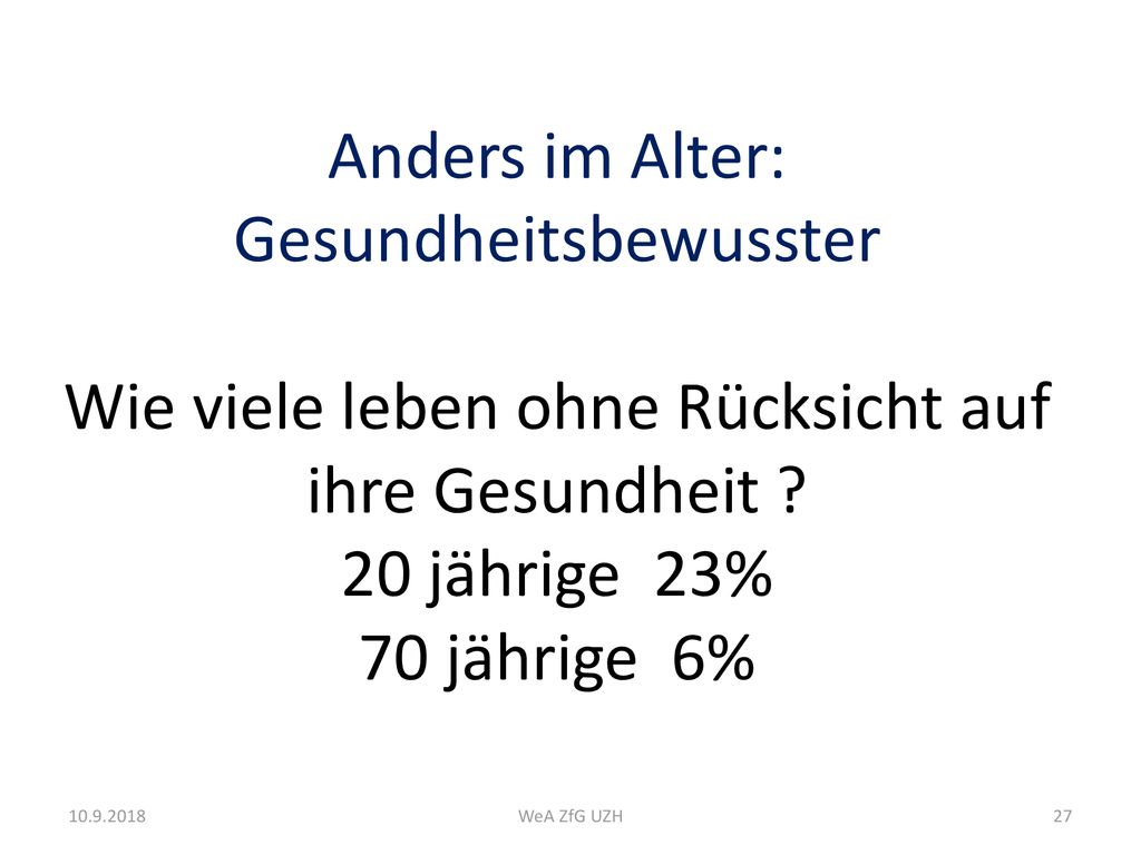Anders im Alter: Gesundheitsbewusster Wie viele leben ohne Rücksicht auf ihre Gesundheit 20 jährige 23% 70 jährige 6%
