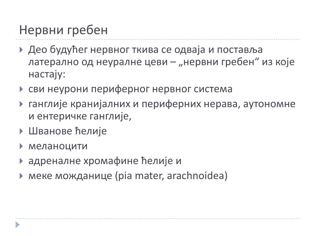 Нервни гребен Део будућег нервног ткива се одваја и поставља латерално од неуралне цеви – „нервни гребен из које настају: