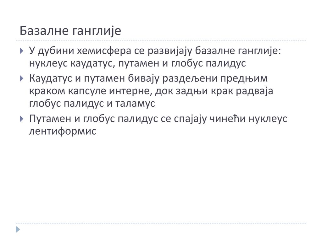 Базалне ганглије У дубини хемисфера се развијају базалне ганглије: нуклеус каудатус, путамен и глобус палидус.
