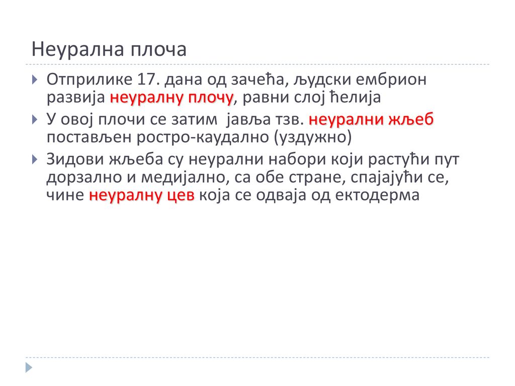 Неурална плоча Отприлике 17. дана од зачећа, људски ембрион развија неуралну плочу, равни слој ћелија.