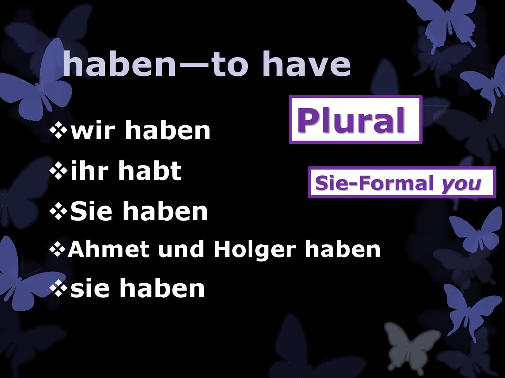 haben—to have Plural wir haben ihr habt Sie haben sie haben