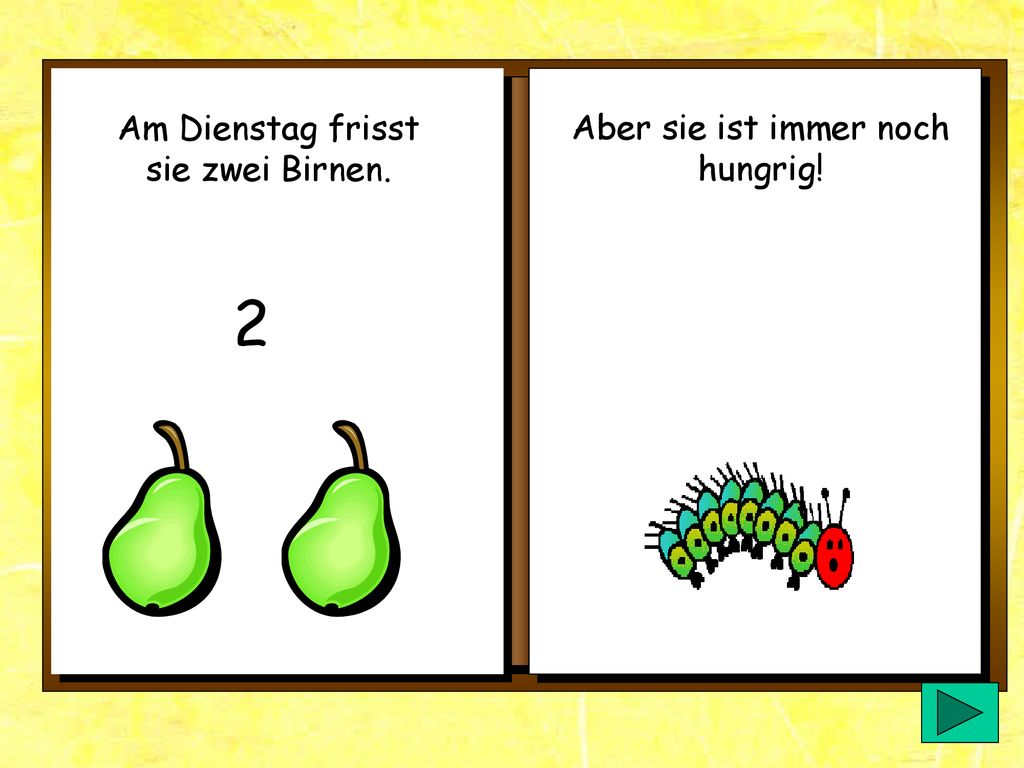 Am Dienstag frisst sie zwei Birnen.