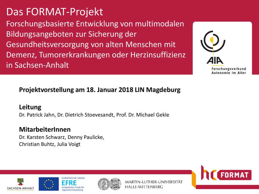 Das FORMAT-Projekt Forschungsbasierte Entwicklung von multimodalen Bildungsangeboten zur Sicherung der Gesundheitsversorgung von alten Menschen mit Demenz, Tumorerkrankungen oder Herzinsuffizienz in Sachsen-Anhalt