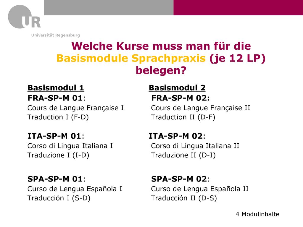 Welche Kurse muss man für die Basismodule Sprachpraxis (je 12 LP) belegen