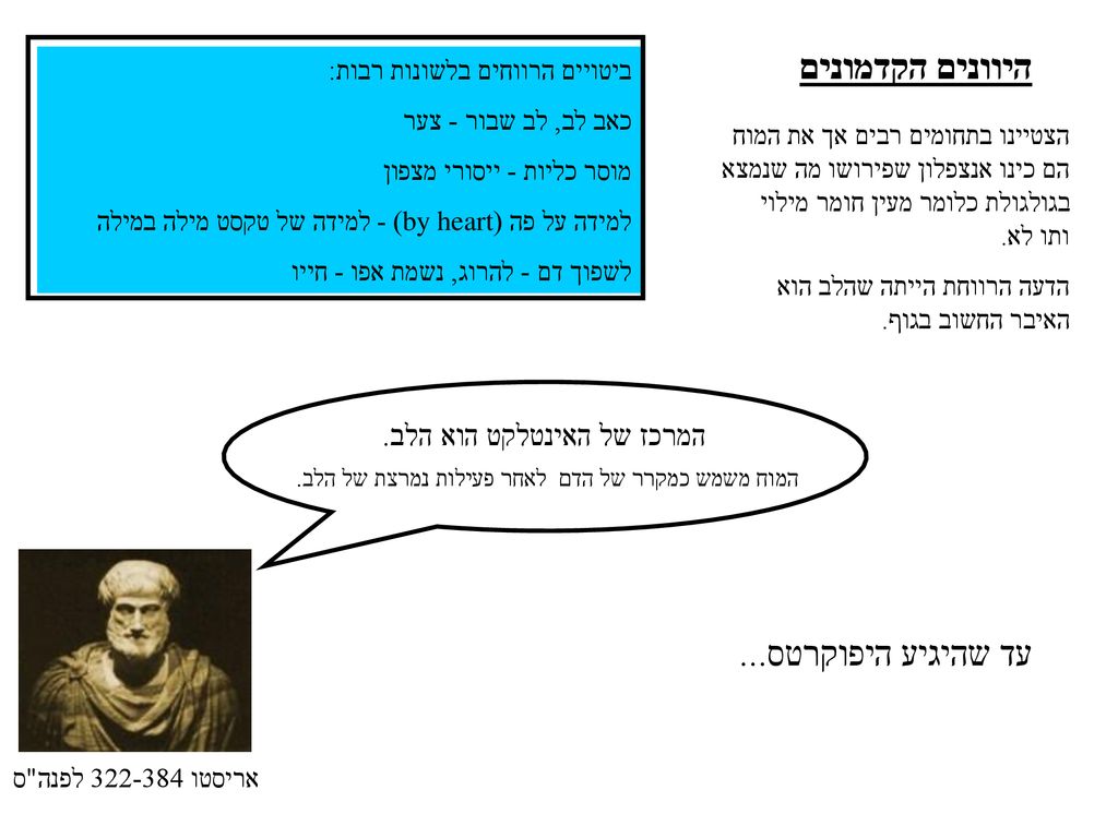 היוונים הקדמונים עד שהיגיע היפוקרטס... המרכז של האינטלקט הוא הלב.