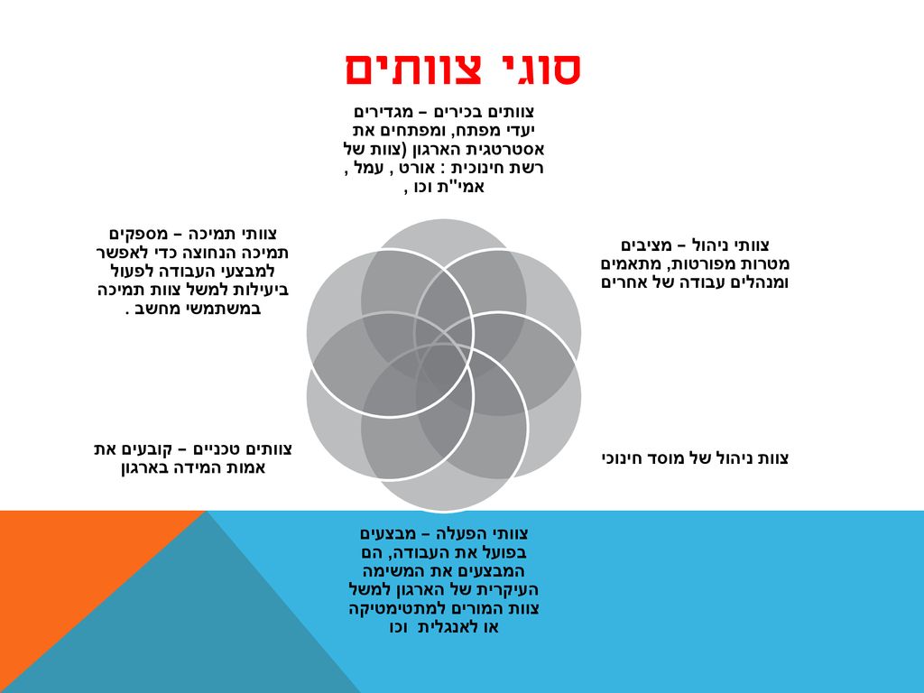 סוגי צוותים צוותים בכירים – מגדירים יעדי מפתח, ומפתחים את אסטרטגית הארגון (צוות של רשת חינוכית : אורט , עמל , אמי ת וכו ,