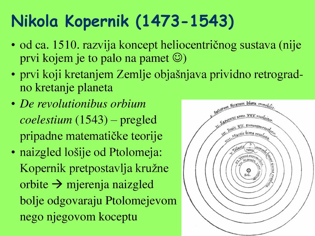 Nikola Kopernik ( ) od ca razvija koncept heliocentričnog sustava (nije prvi kojem je to palo na pamet )
