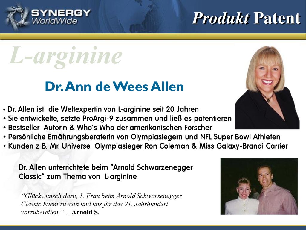 L-arginine Produkt Patent Dr. Ann de Wees Allen