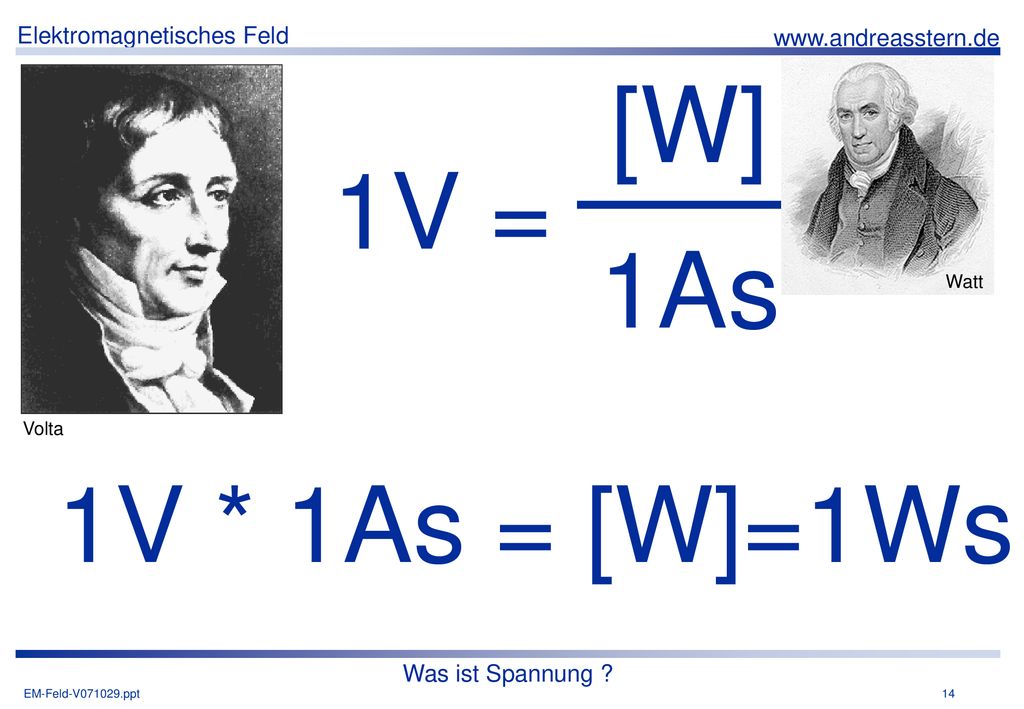[W] 1V = 1As Watt Volta 1V * 1As = [W]=1Ws Was ist Spannung