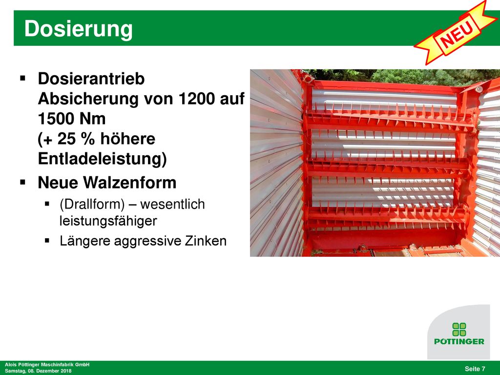 Dosierung NEU. Dosierantrieb Absicherung von 1200 auf 1500 Nm (+ 25 % höhere Entladeleistung) Neue Walzenform.