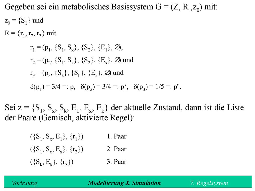 Gegeben sei ein metabolisches Basissystem G = (Z, R ,z0) mit: