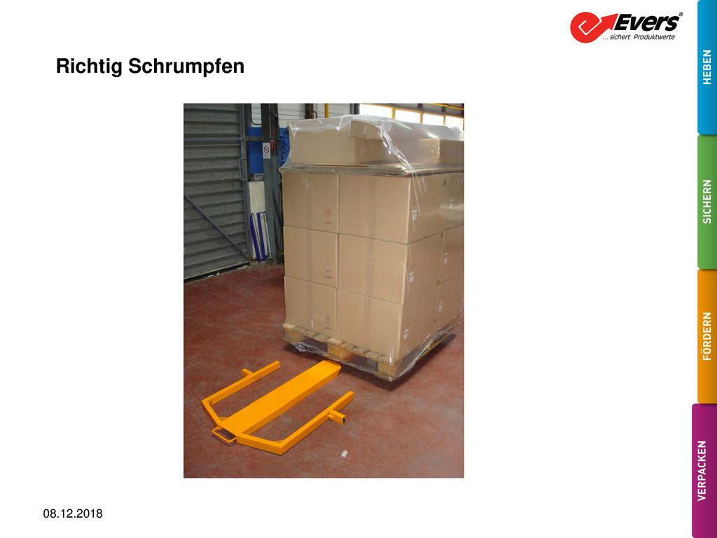 Richtig Schrumpfen. Bei druckempfindlichen, jedoch nicht bei temperaturempfindlichen Ladegütern zu empfehlen.