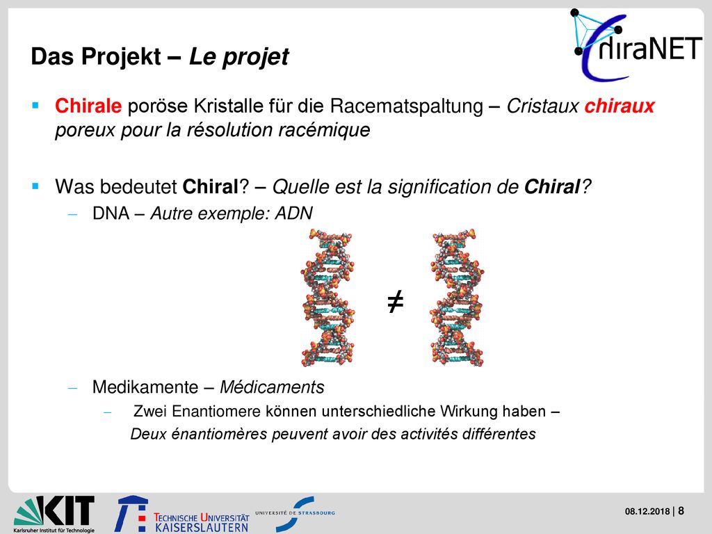 Das Projekt – Le projet Chirale poröse Kristalle für die Racematspaltung – Cristaux chiraux poreux pour la résolution racémique.