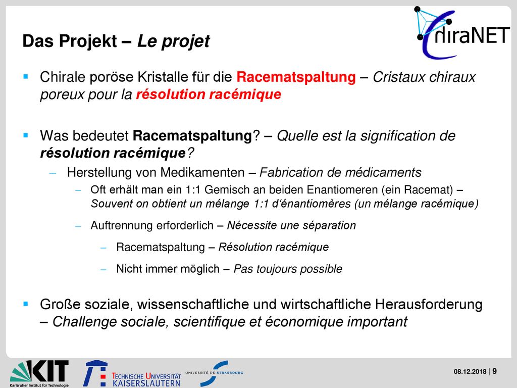 Das Projekt – Le projet Chirale poröse Kristalle für die Racematspaltung – Cristaux chiraux poreux pour la résolution racémique.