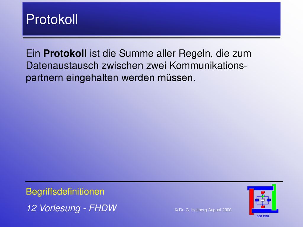 Protokoll Ein Protokoll ist die Summe aller Regeln, die zum Datenaustausch zwischen zwei Kommunikations-partnern eingehalten werden müssen.