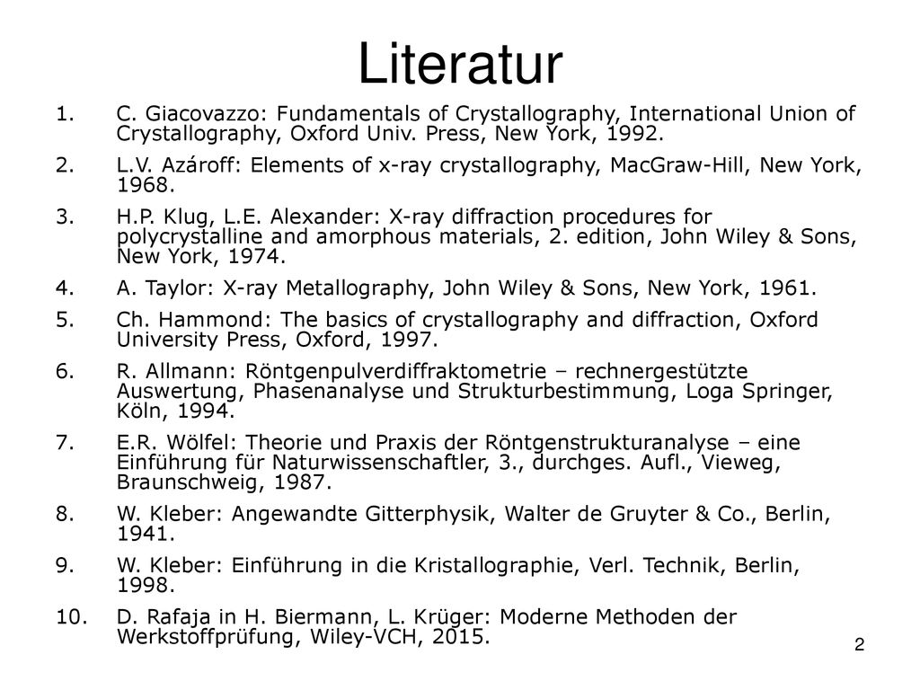 Literatur C. Giacovazzo: Fundamentals of Crystallography, International Union of Crystallography, Oxford Univ. Press, New York,