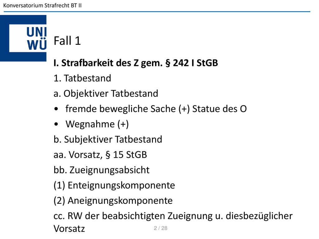 Fall 1 I. Strafbarkeit des Z gem. § 242 I StGB 1. Tatbestand