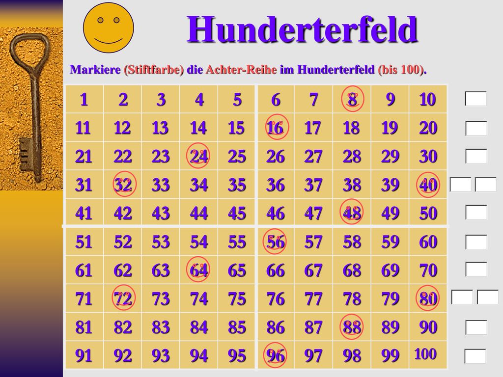 Hunderterfeld Markiere (Stiftfarbe) die Achter-Reihe im Hunderterfeld (bis 100)