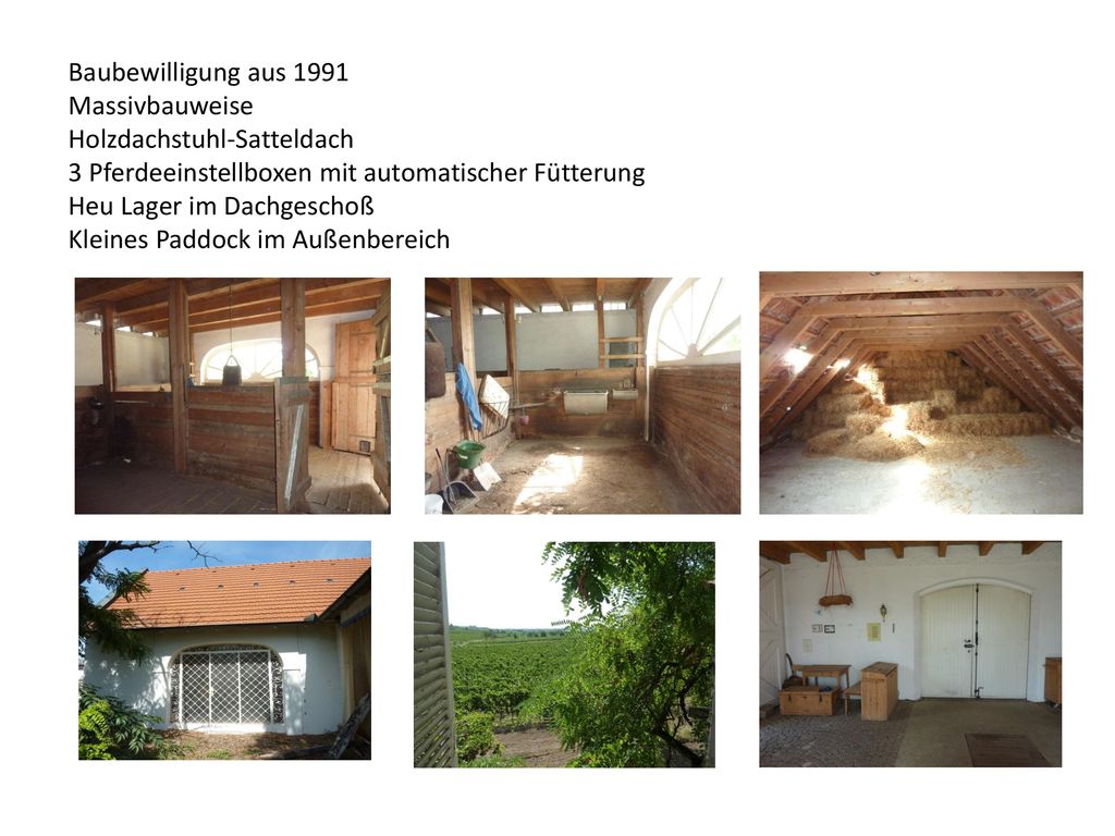 Baubewilligung aus 1991 Massivbauweise. Holzdachstuhl-Satteldach. 3 Pferdeeinstellboxen mit automatischer Fütterung.