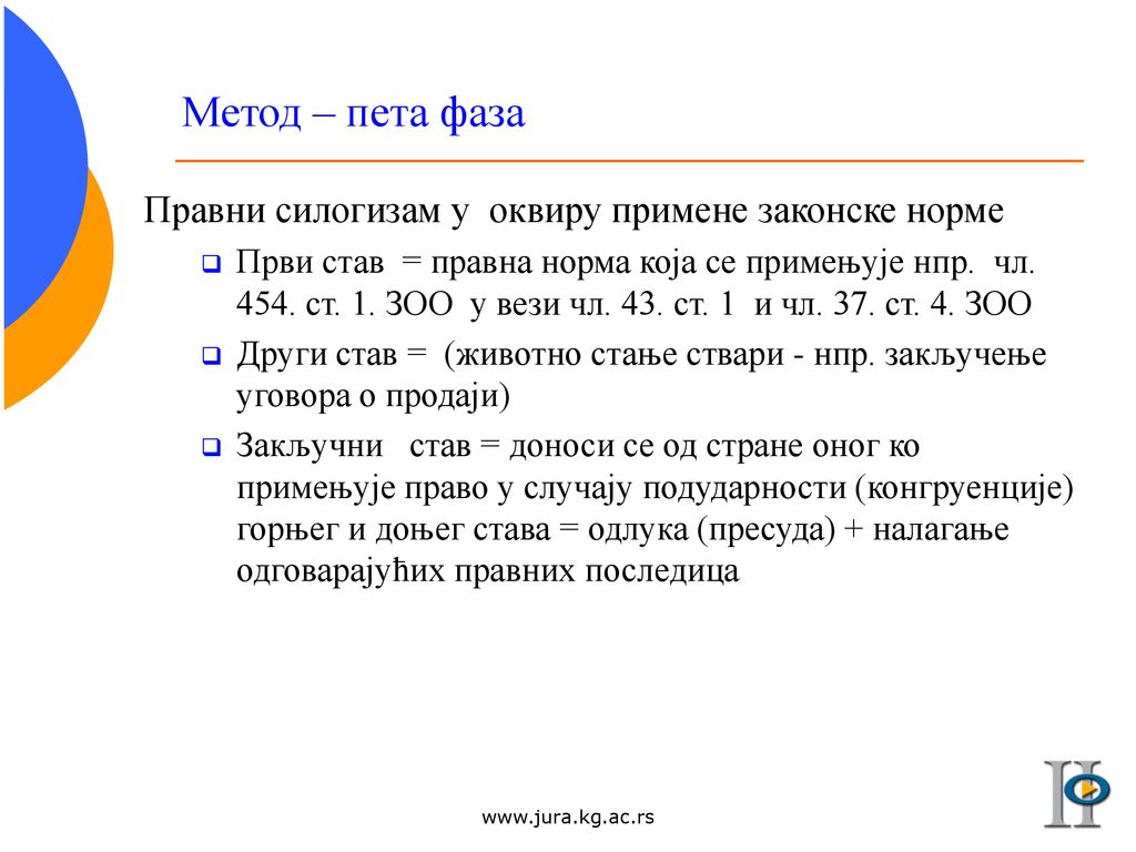Метод – пета фаза Правни силогизам у оквиру примене законске норме