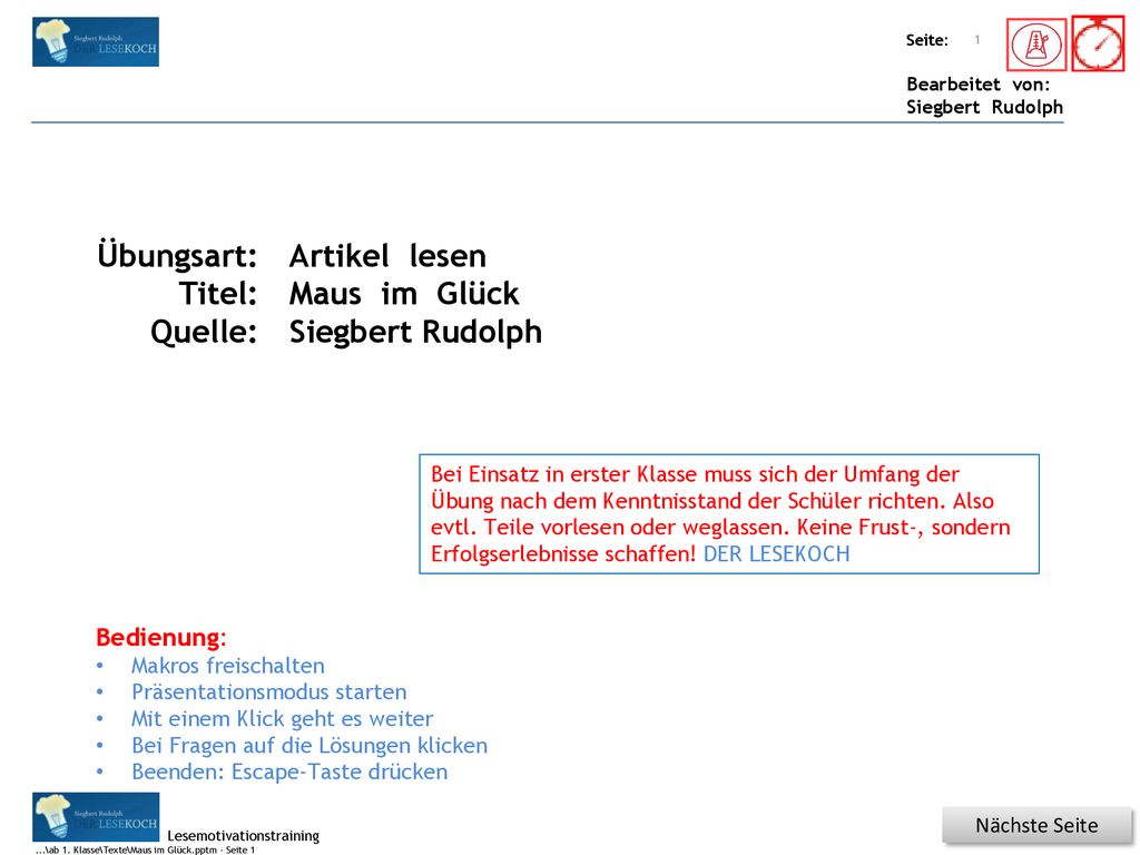 Titel: Quelle: Übungsart: Titel: Quelle: Artikel lesen Maus im Glück