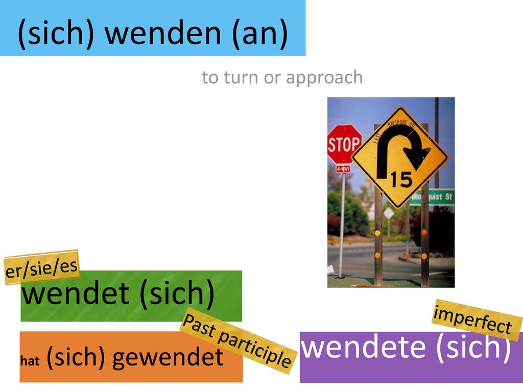 (sich) wenden (an) wendet (sich) wendete (sich) to turn or approach