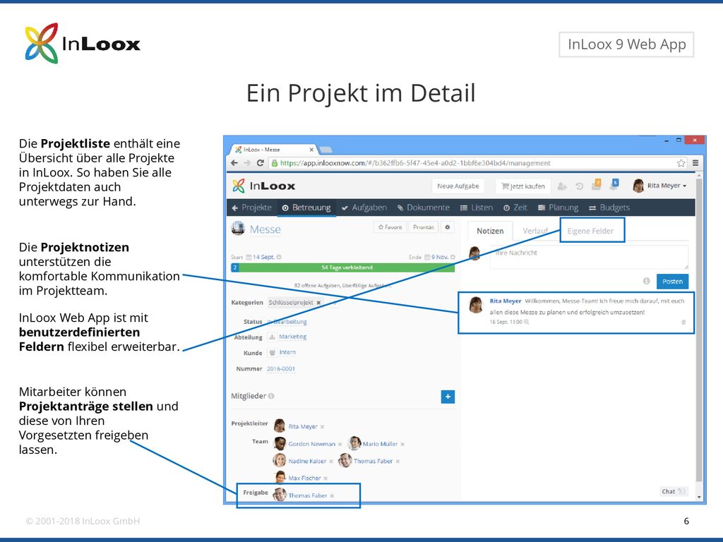 Ein Projekt im Detail Die Projektliste enthält eine Übersicht über alle Projekte in InLoox. So haben Sie alle Projektdaten auch unterwegs zur Hand.