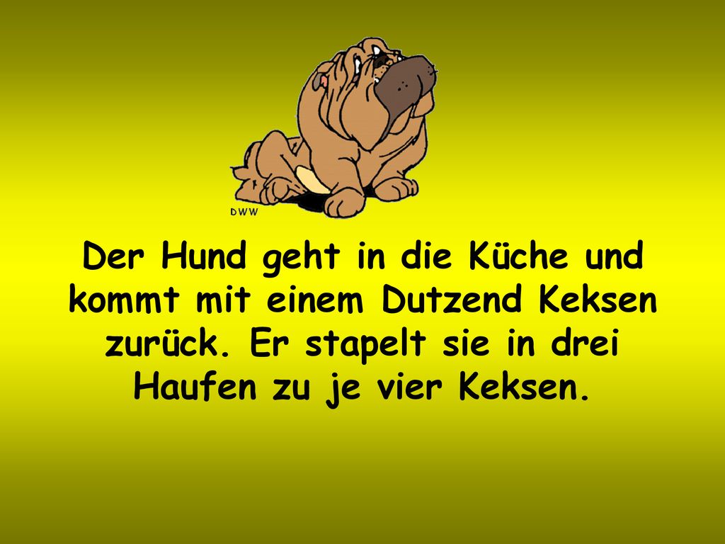 Der Hund geht in die Küche und kommt mit einem Dutzend Keksen zurück