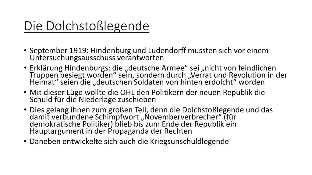 Die Dolchstoßlegende September 1919: Hindenburg und Ludendorff mussten sich vor einem Untersuchungsausschuss verantworten.