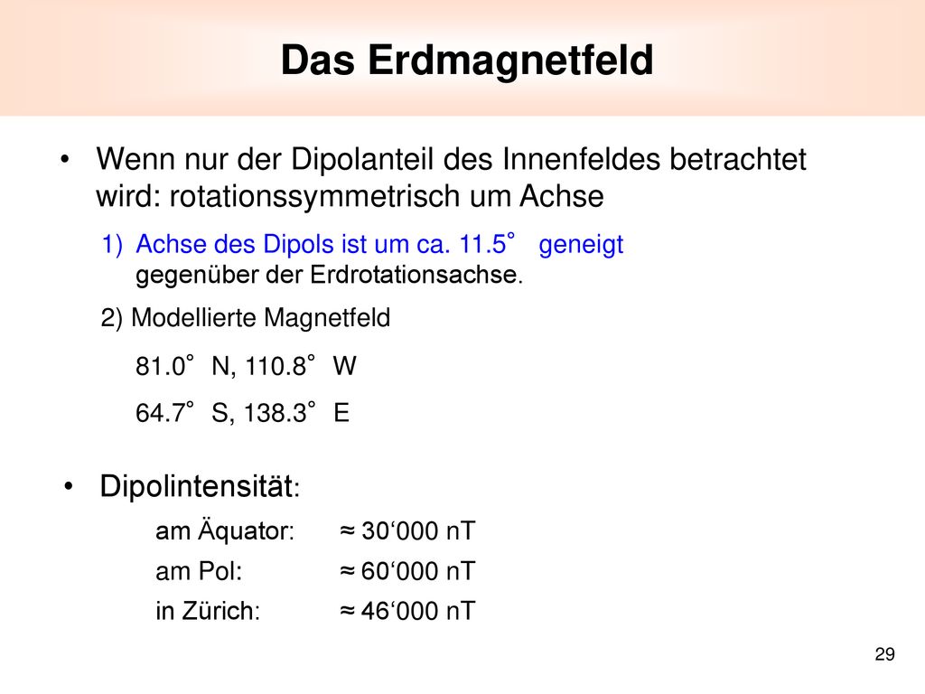Das Erdmagnetfeld Wenn nur der Dipolanteil des Innenfeldes betrachtet wird: rotationssymmetrisch um Achse.