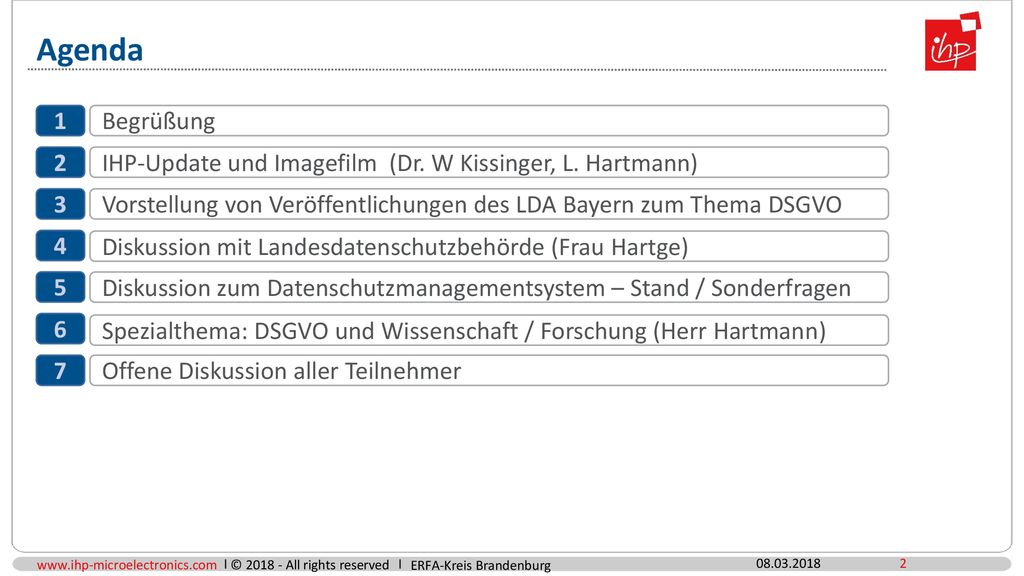 Agenda 1. Begrüßung. 2. IHP-Update und Imagefilm (Dr. W Kissinger, L. Hartmann) 3.