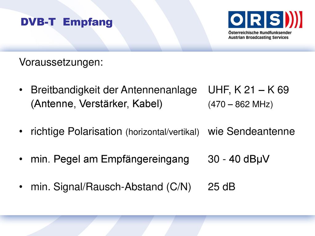 DVB-T Empfang Voraussetzungen: Breitbandigkeit der Antennenanlage UHF, K 21 – K 69. (Antenne, Verstärker, Kabel) (470 – 862 MHz)