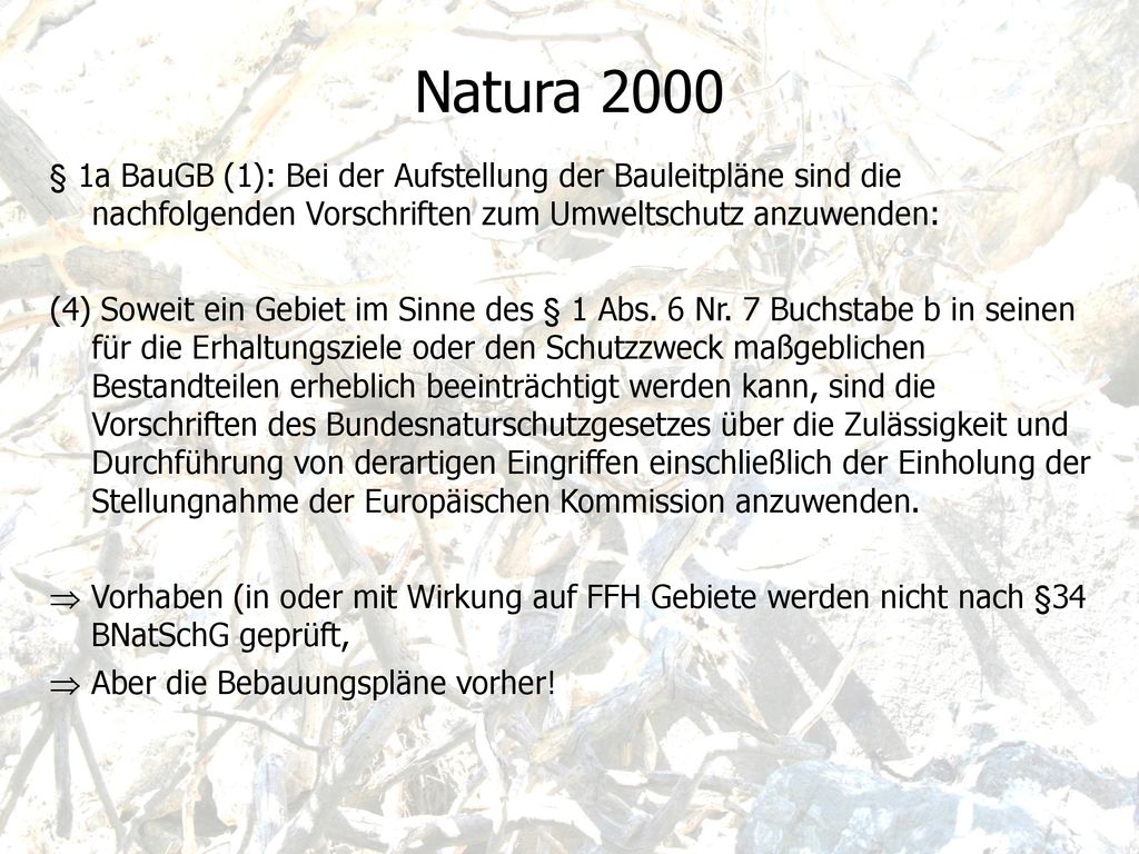 Natura 2000 § 1a BauGB (1): Bei der Aufstellung der Bauleitpläne sind die nachfolgenden Vorschriften zum Umweltschutz anzuwenden: