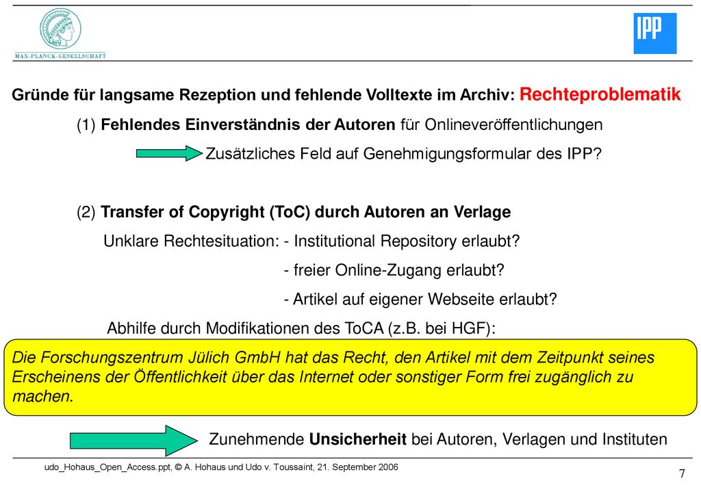 Gründe für langsame Rezeption und fehlende Volltexte im Archiv: Rechteproblematik