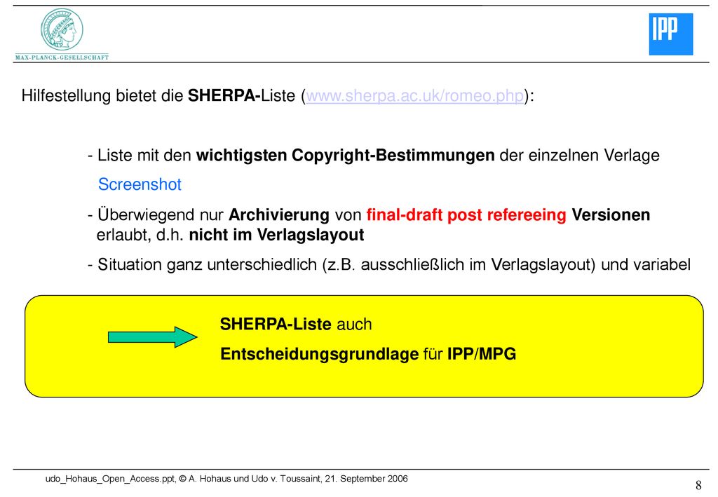Hilfestellung bietet die SHERPA-Liste (