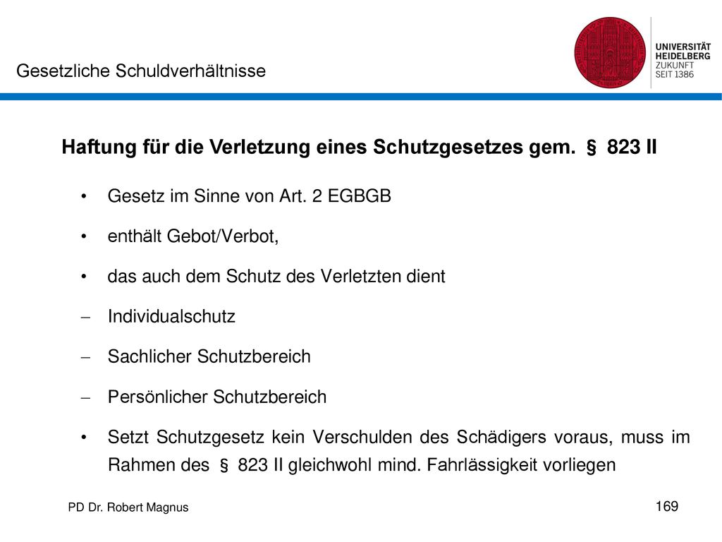 Haftung für die Verletzung eines Schutzgesetzes gem. § 823 II