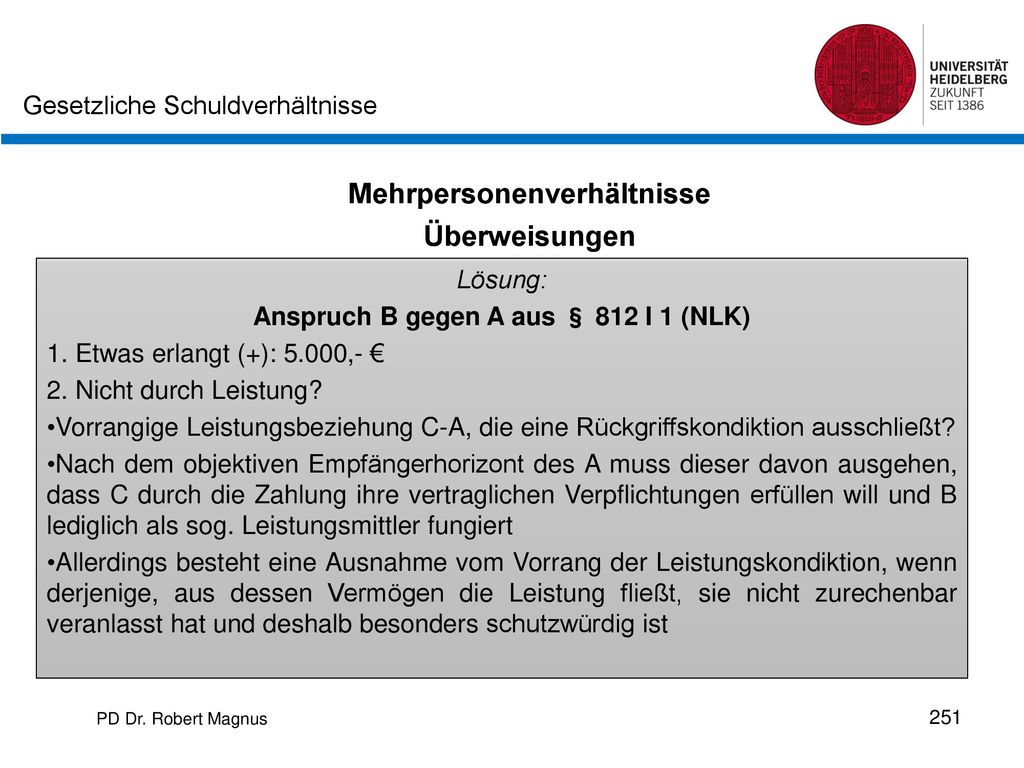 Mehrpersonenverhältnisse Anspruch B gegen A aus § 812 I 1 (NLK)