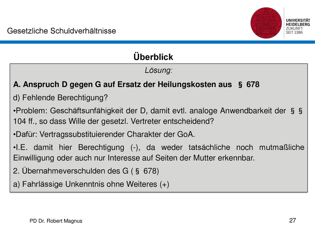 Überblick Lösung: A. Anspruch D gegen G auf Ersatz der Heilungskosten aus § 678. d) Fehlende Berechtigung