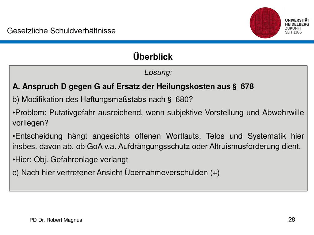 Überblick Lösung: A. Anspruch D gegen G auf Ersatz der Heilungskosten aus§ 678. b) Modifikation des Haftungsmaßstabs nach§ 680