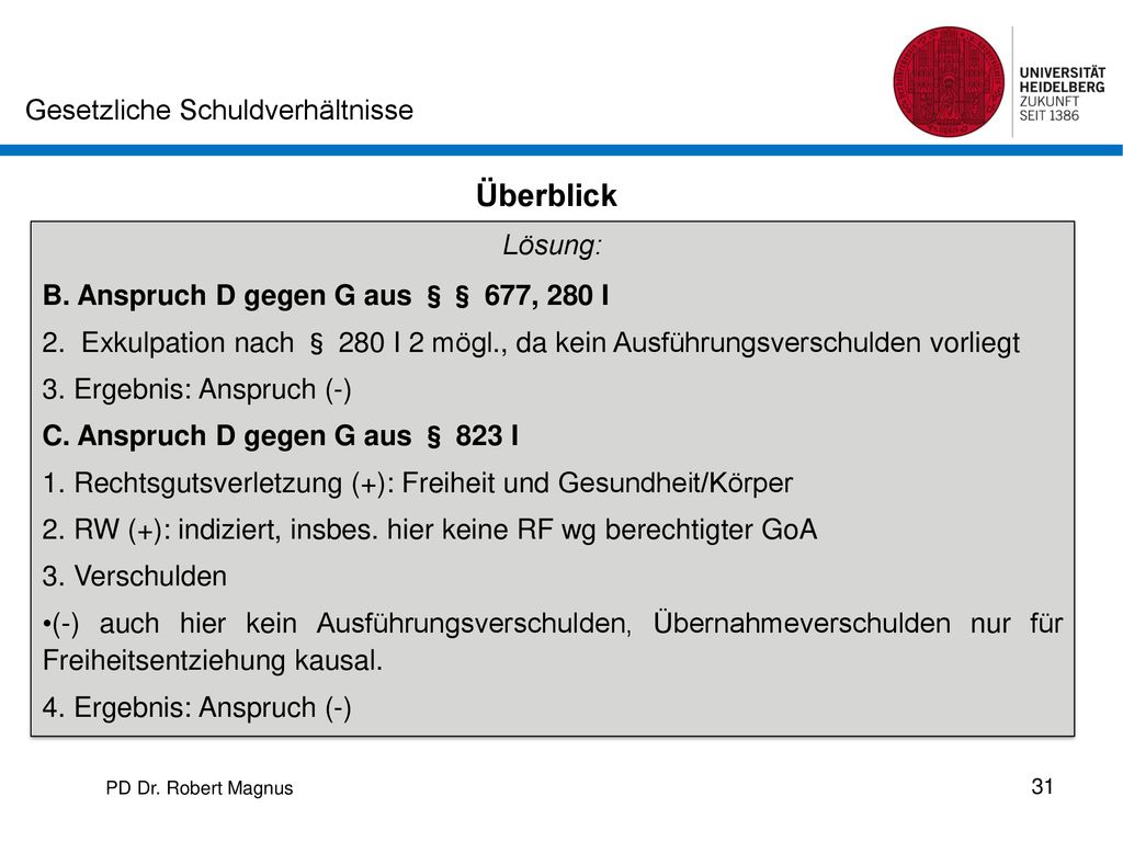 Überblick Lösung: B. Anspruch D gegen G aus §§ 677, 280 I