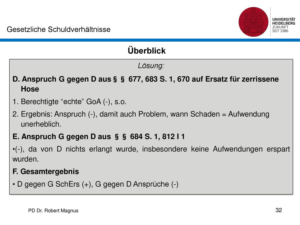 Überblick Lösung: D. Anspruch G gegen D aus§§ 677, 683 S. 1, 670 auf Ersatz für zerrissene. Hose.
