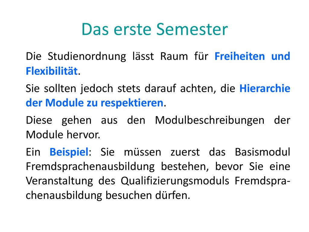 Das erste Semester Die Studienordnung lässt Raum für Freiheiten und Flexibilität.