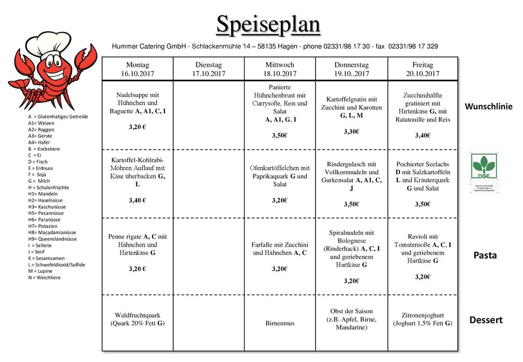 Speiseplan Pasta Dessert Wunschlinie Montag Dienstag