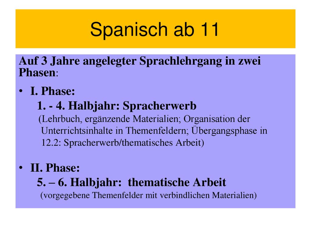 Spanisch ab 11 Auf 3 Jahre angelegter Sprachlehrgang in zwei Phasen: