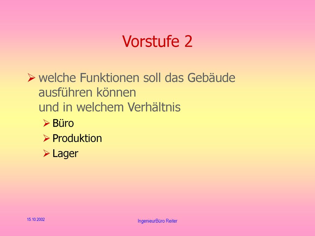 Vorstufe 2 welche Funktionen soll das Gebäude ausführen können und in welchem Verhältnis. Büro. Produktion.