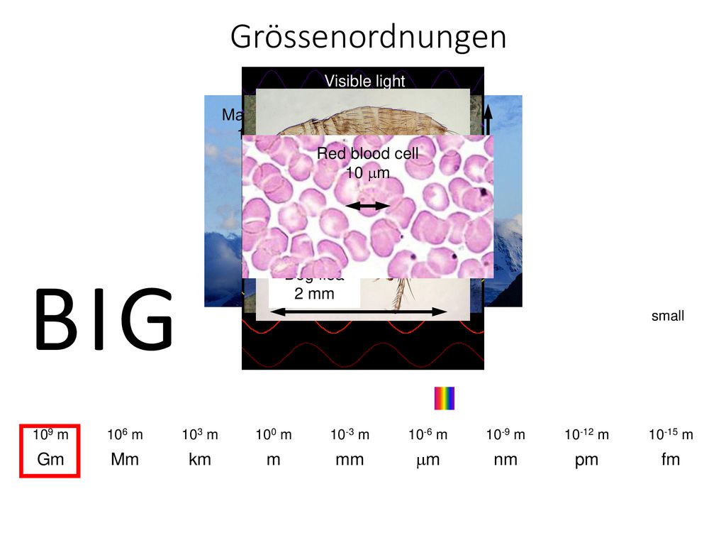 BIG Grössenordnungen m nm pm Gm Mm km m mm fm Visible light