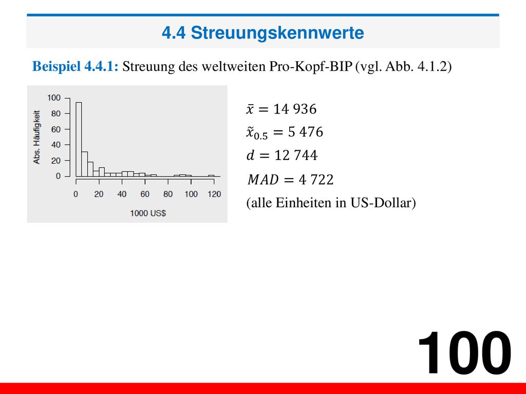 4.4 Streuungskennwerte Beispiel 4.4.1: Streuung des weltweiten Pro-Kopf-BIP (vgl. Abb ) 𝑥 =