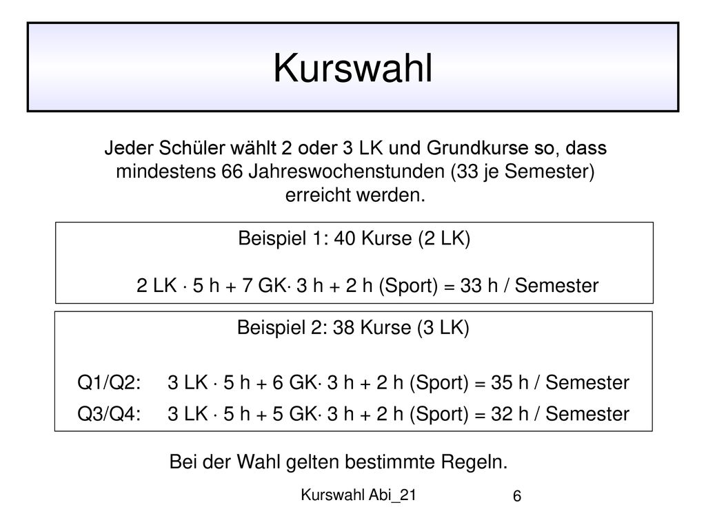 Kurswahl Jeder Schüler wählt 2 oder 3 LK und Grundkurse so, dass mindestens 66 Jahreswochenstunden (33 je Semester) erreicht werden.