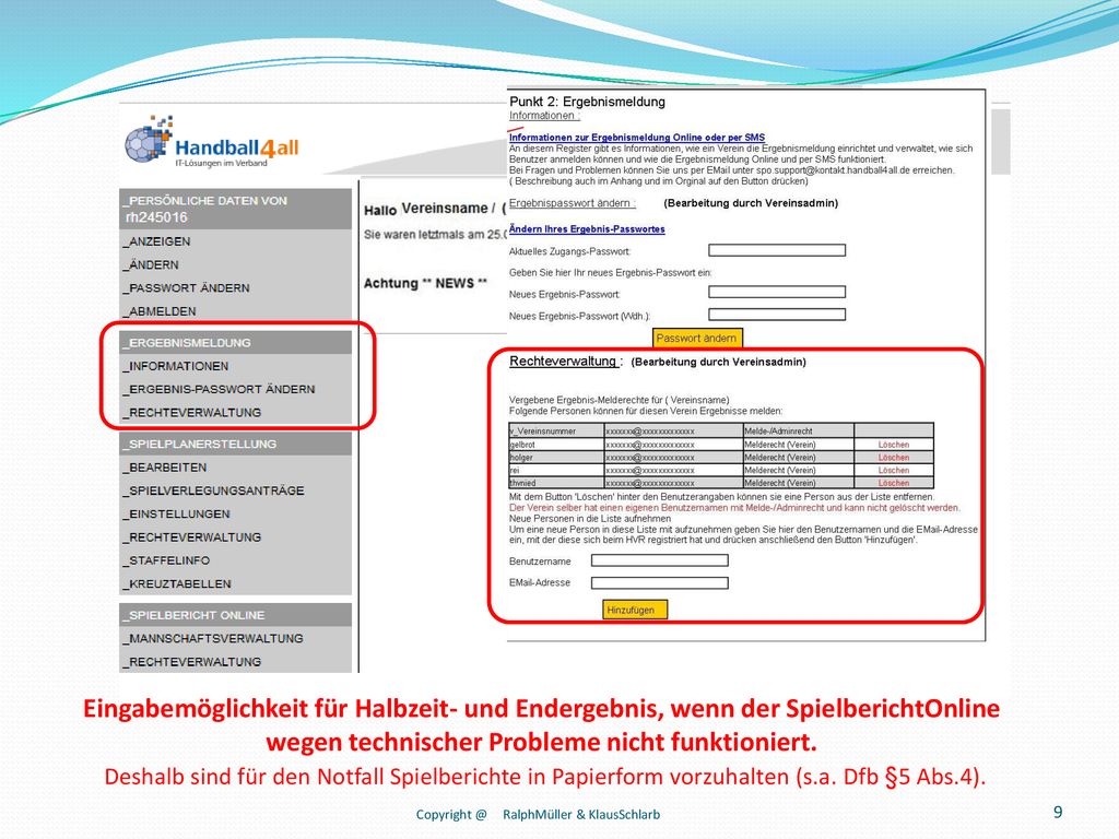 Eingabemöglichkeit für Halbzeit- und Endergebnis, wenn der SpielberichtOnline wegen technischer Probleme nicht funktioniert.